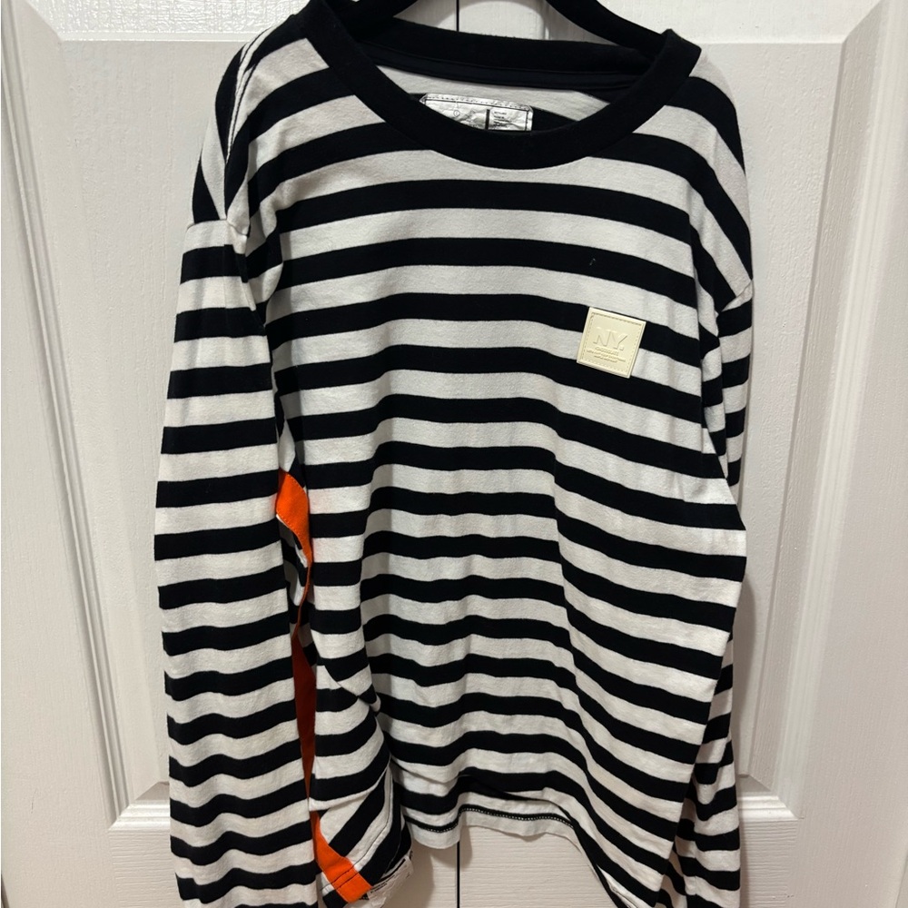 CHOCOOLATE Striped Black and White Sweater with Orange Accent
